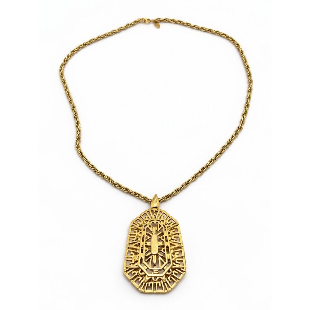 VINTAGE MONET Necklace Gold Tone Egyptian Revival Pendant Etruscan Statement